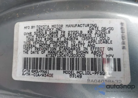 2000 Toyota Sienna Le z USA, uszkodzony, nr VIN 4T3ZF13C4YU303002